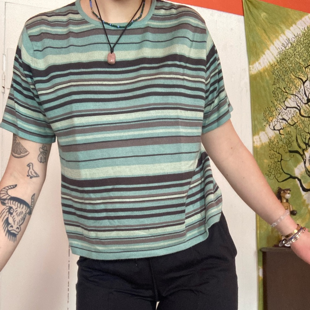 Kasper Woman’s size 16 teal and black striped knit short sleeve shirt